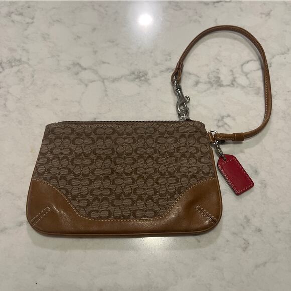 Coach Women's Y2K Monogrammed Canvas Leather Trim Wristlet Tan - Picture 2 of 3